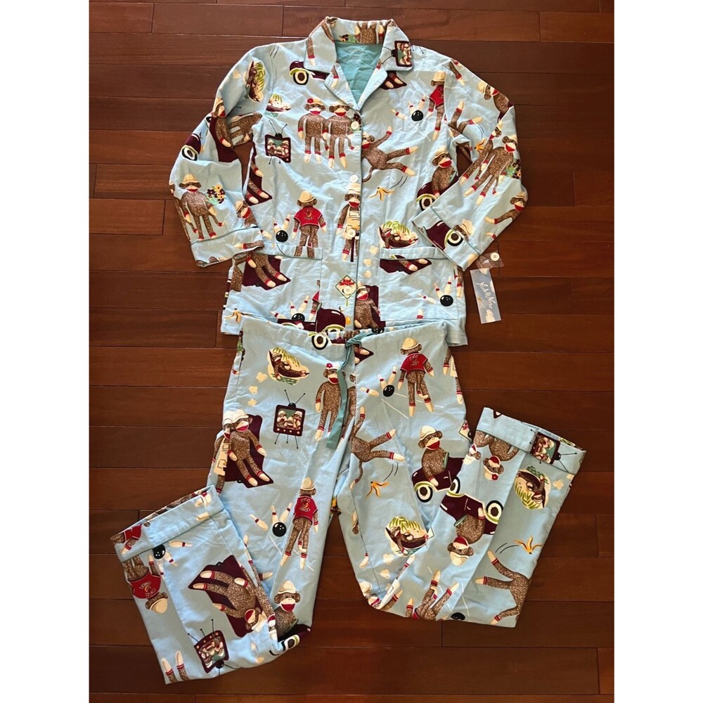 NWT Nick & Nora Blue Sock Monkey Pajama Set Adult Small Cotton Flannel Bowling